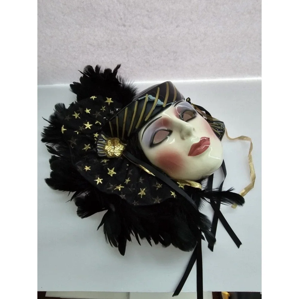Vintage Venetian Ceramic Masquerade Mask Black Feathers Gold Stars Hand Painted